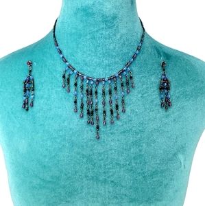 Purple and Blue Beaded Dangle Necklase and Earring Set